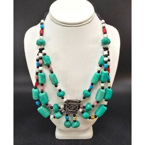 Handcrafted Multicolor Beaded Necklace With Pewter Pendant Accent HS198